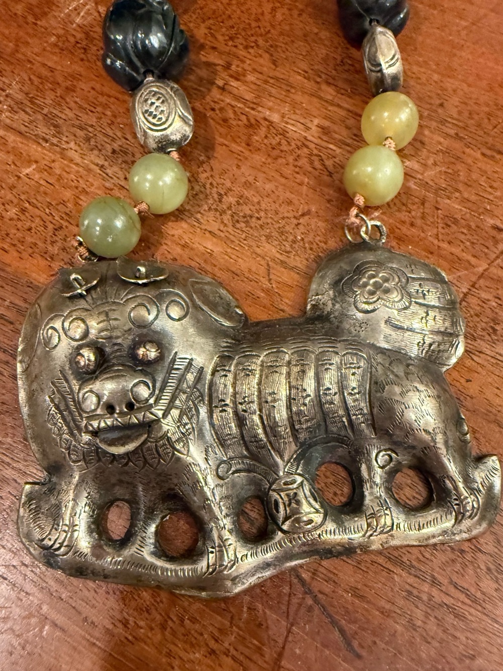 Artisan Silver Lion Pendant Necklace with Green Jade and Black Onyx Beads-FIRM - Picture 3 of 6